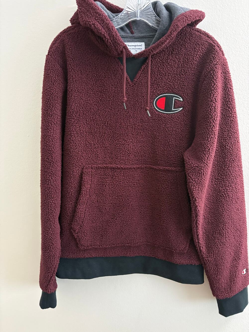 Champion Men S Burgundy Sherpa Fleece Hoodie Big Logo Pullover Sweatshirt